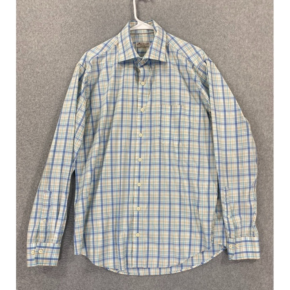 Peter Millar Crown Comfort Mens LARGE Blue Plaid Button Down Shirt Long Sleeve